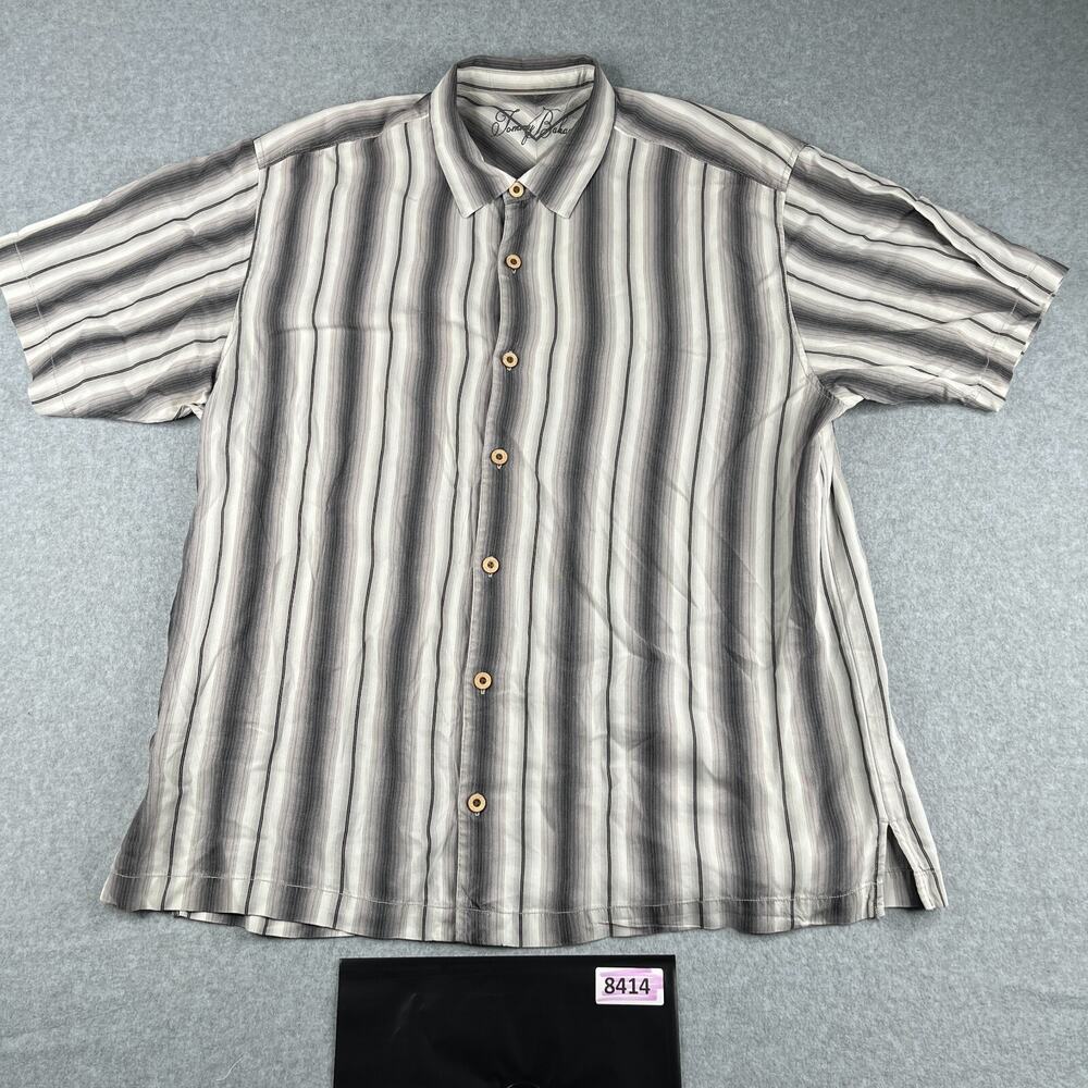 Tommy Bahama Shirt XL Silk Gray Striped Casual Beach Button Up Short Sleeve